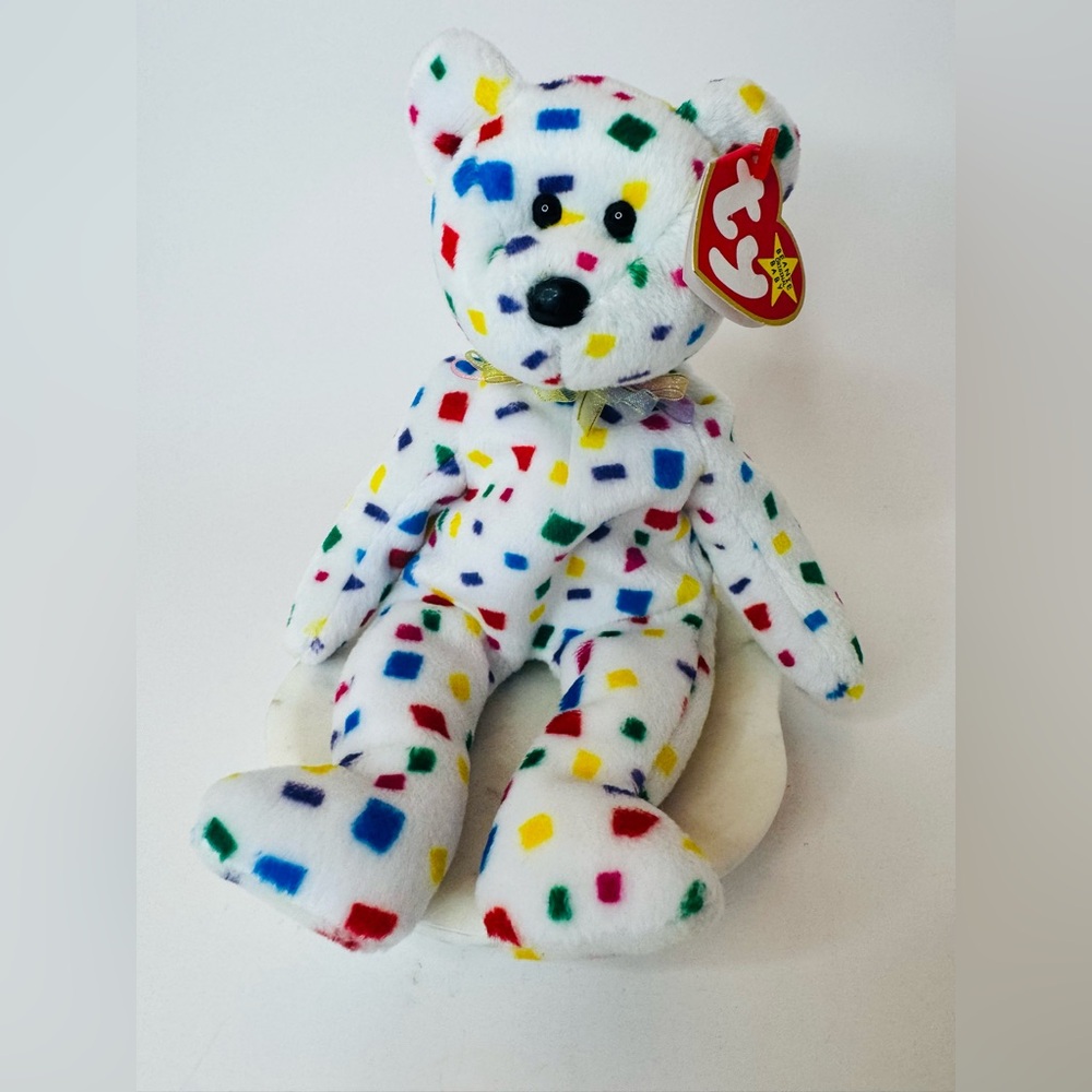 🧸Ty Beanie Baby “TY 2K” 2000 White Confetti Bear Plush - Colorful Spot Pattern